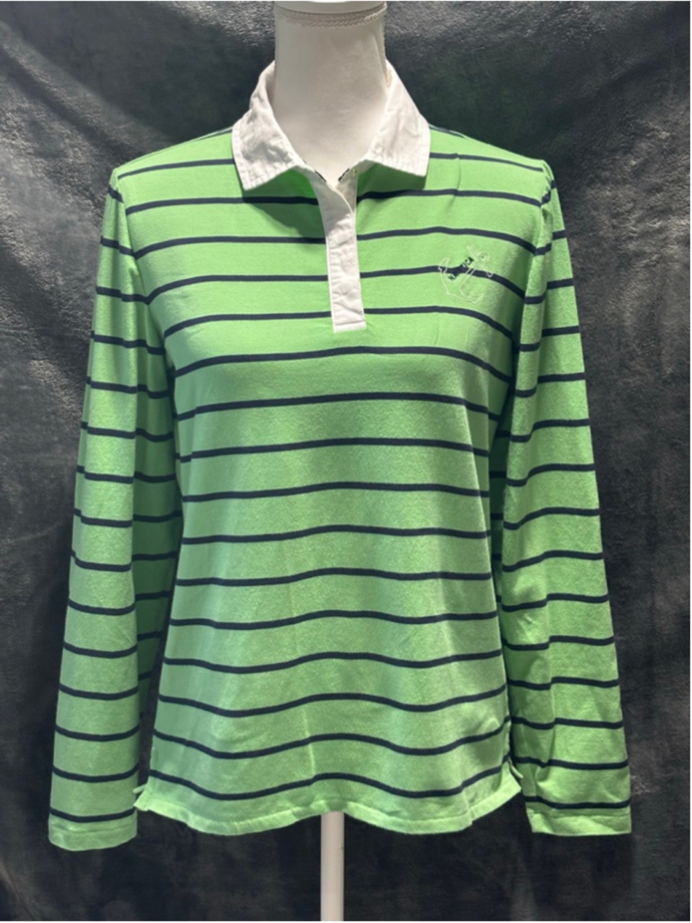 Vintage Nautica Green Navy Striped Rugby Long Sleeve Polo Shirt w/Patches SZ M